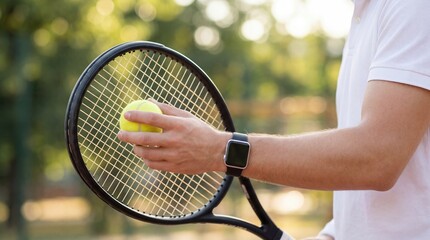 Tennis racket ball player sport outdoor court hand wristwatch activity Confident athlete holds tennis ball near racket ready