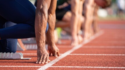 Athlete sprint start line focus, runner hand on track, race preparation tension energy