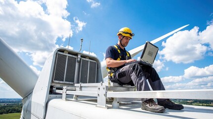 Wind turbine engineer safety harness laptop inspection wind energy technician maintenance renewable power worker height safety