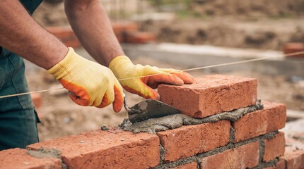 Bricklayer construction masonry worker glove brick wall steady hand bricklayer laying mortar with focus and precision