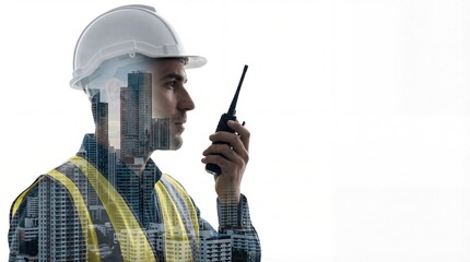 Construction worker safety helmet reflective vest walkie talkie city skyline double exposure communication urban planning