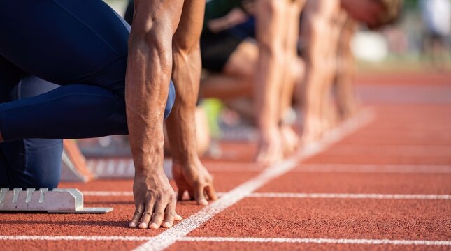 Athlete sprint start line focus, runner hand on track, race preparation tension energy