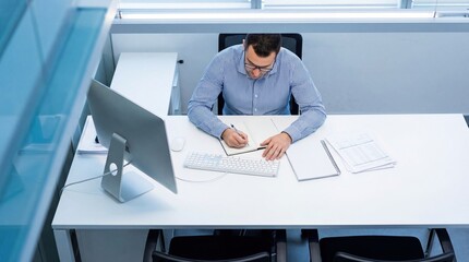 Business man writing notebook office desk, corporate workspace productivity focus