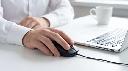 Businessman hand on computer mouse working at laptop, white office desk atmosphere calmly focused