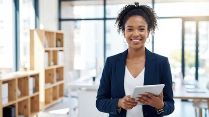 Businesswoman tablet office professional smile standing confident female manager holding tablet bright modern office workspace