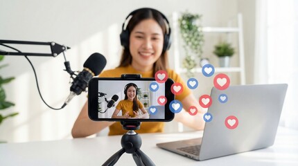 Young asian woman content creator live streaming video, smiling influencer recording podcast with smartphone tripod