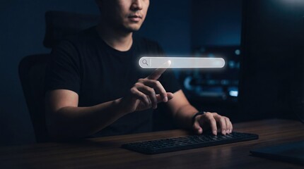 Man using virtual search bar interface in dark office technology concept