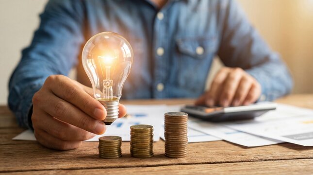 Finance planning investment savings budgeting innovation lightbulb money coin strategy Person hand holding glowing lightbulb
