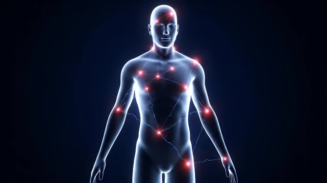 Human Body Model Showing Autoimmune Disease with Inflammation Points on Dark Background for Medical and Educational