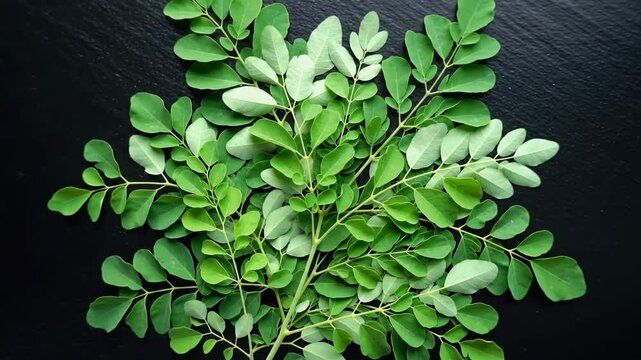 Overhead shot of fresh green moringa leaves arranged on a dark background.