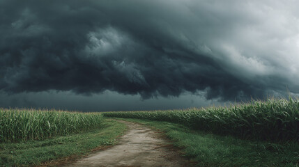 A dramatic scene of an ominous storm cloud over a vast field with a pathway