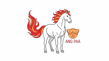 Illustration of a Fire Horse with a flowing mane and tail, accompanied by an Angpao, symbolizing Chinese New Year, on a clean white background. © NanzZ