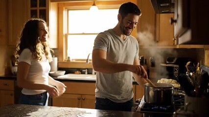 Happy couple cooking together in a cozy kitchen at home - Powered by Adobe