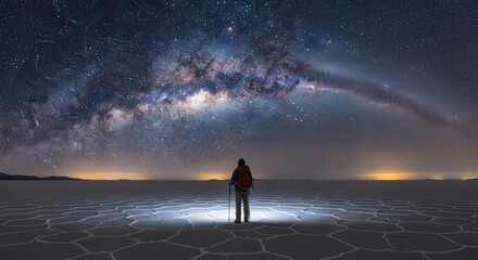 Fototapeta premium Lone hiker stands beneath brilliant arch of the Milky Way over hexagonal terrain at night
