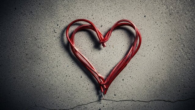 Vibrant red cable forming a heart shape on rough concrete