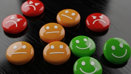 Mood Swings Emoji Faces Reflecting Feelings on Black Wood.