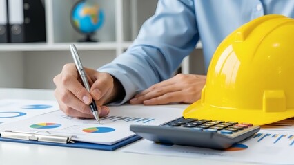 Architect at desk analyzes data with hard hat and globe background.