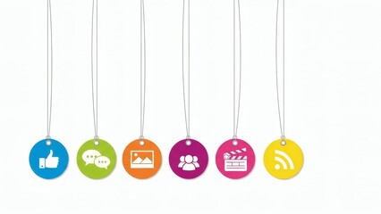 Vibrant Social Media Icons Dangle on Strings Modern with Engaging Visual.