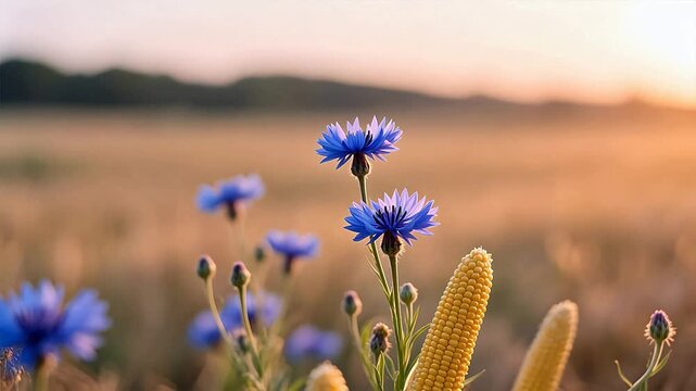 Blue flowers and corn in a field