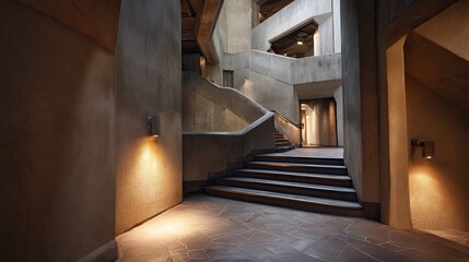 Modern architectural interior with unique stairway design and soft ambient lighting in a contemporary building space