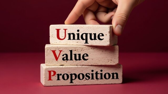Unique Value Proposition blocks on table with closeup.