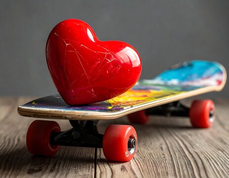 A vibrant red heart rests atop a colorful skateboard