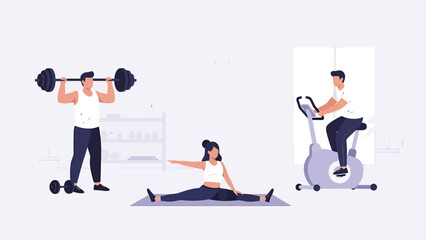 Diverse Fitness Activities In A Modern Indoor Gymnasium With People Exercising With Weights On A Bicycle And Stretching For Health And Wellness