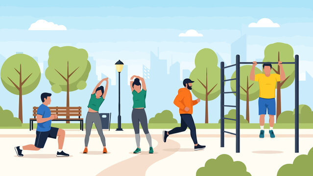 Diverse group enjoys outdoor fitness routine and calisthenics exercises in a vibrant city park on a sunny day promoting healthy active lifestyles and