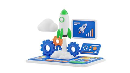3D Rocket Launch with Gears and Data Displays