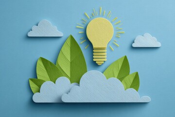 Crafty paper-cut scene of lightbulb shining above leaves and clouds on a blue background
