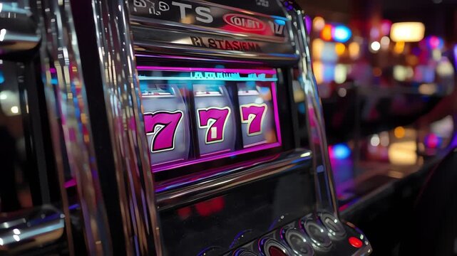 Lucky 777 Slot Machine: A gleaming slot machine showcases a winning combination of '777', symbolizing fortune and the thrill of the casino world.