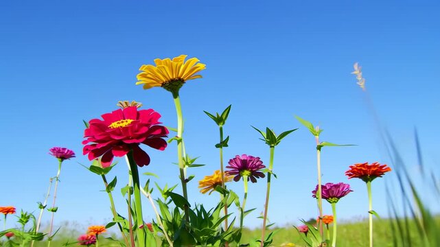 Colorful zinnias in a field, vibrant petals against clear blue sky, green stems and foliage