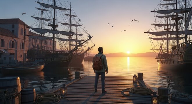 Adventurous traveler observes historic sailing vessels docked near a seaside town during golden hour - Powered by Adobe