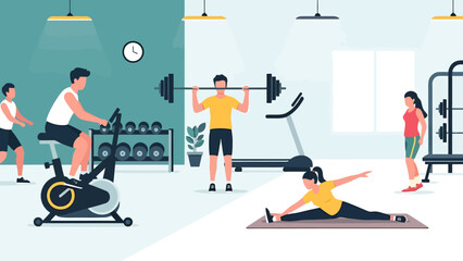 Healthy people engaged in various fitness activities within a modern well equipped gymnasium environment promoting wellness and strength training