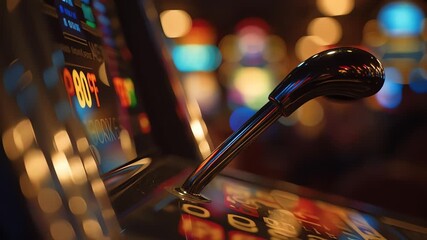 Casino Gaming: The vibrant lights of a casino are reflected in a slot machine's handle, hinting at the excitement and potential rewards that await. This photo encapsulates the thrill of gaming.
