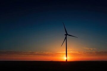 Obraz premium A solitary windmill silhouetted against a brilliant sunset. Evening sky glows with vibrant hues
