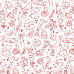 Valentine Love Objects Seamless Pattern. Hand Drawn Elements. Valentines Background