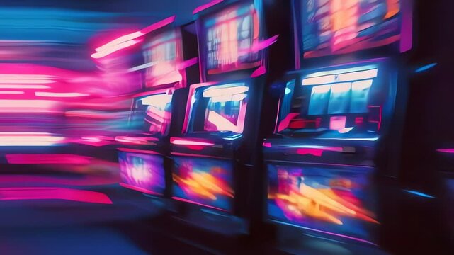 Casino Frenzy: A dynamic perspective of flashing slot machines creating a sense of rapid motion and anticipation. This shot captures the captivating atmosphere of gambling and entertainment.