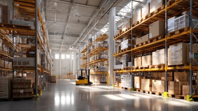 Spacious and Well-Lit Warehouse Interior with Shelving and Forklift in a Modern Distribution Center