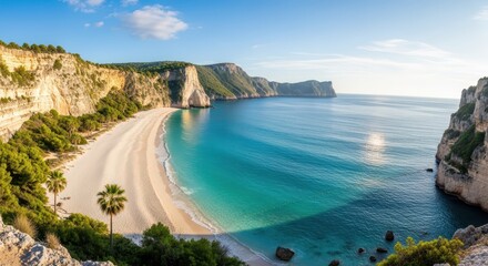 Panoramic view captures secluded coastline featuring white sand beach flanked by towering limestone cliffs and turquoise ocean waters