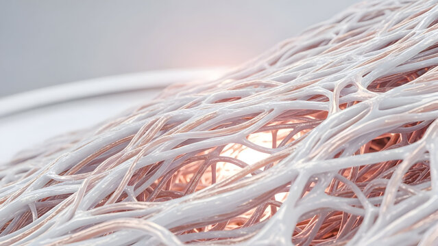 Detailed 3D rendering of interwoven human skin collagen and elastin fibers forming a complex network structure, gently illuminated by a soft internal light source highlighting the cellular matrix.