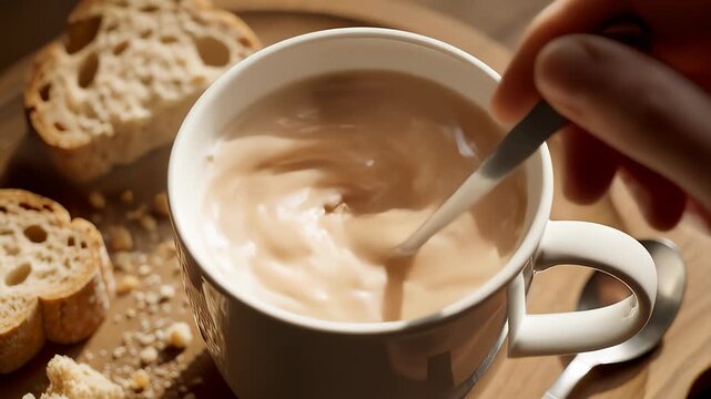 Hand Stirring Creamy Tea in Mug With Spoon Beside Sliced Bread