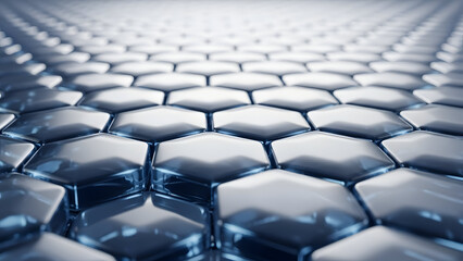 Obraz premium Futuristic metallic hexagonal tiles, precisely arranged, glow subtly with cool blue light along their edges, creating an intricate abstract background with a smooth reflective surface and shallow