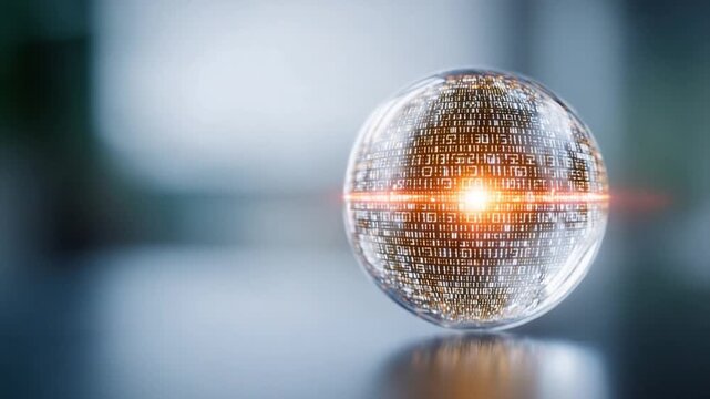 Digital Sphere: A luminous, transparent sphere, pulsing with binary code, encapsulates the essence of digital information, highlighting technology and interconnectedness. 