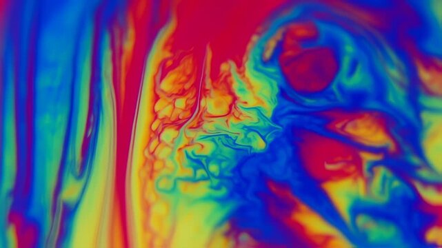 Abstract, vibrant macro with layered color transitions red, yellow, green, blue. Swirls and patterns