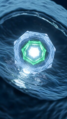Glowing abstract crystal polygon with internal green light illuminates a deep blue turbulent water tunnel, creating a mysterious high-energy portal representing complex futuristic technology.