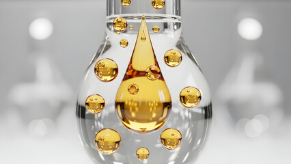 A luminous golden oil droplet descends gracefully through a crystal clear liquid inside a pristine glass container, surrounded by numerous buoyant golden spheres in a soft focus scientific