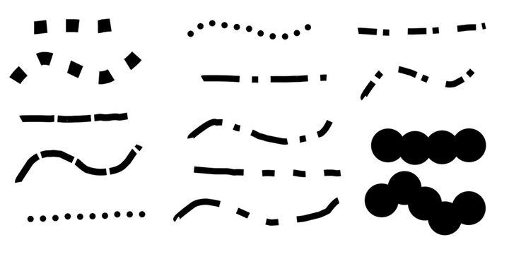 Set of black dotted and dashed brush lines. Minimalist hand-drawn geometric border elements. Vector ink dashed strokes and point patterns