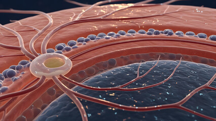Intricate cellular network displays a central nerve cell with radiating dendrites connecting to complex biological tissue layers featuring spherical particles and vascular structures in a detailed
