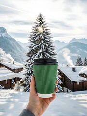 Hand holding green coffee cup in snowy mountain village with pine tree